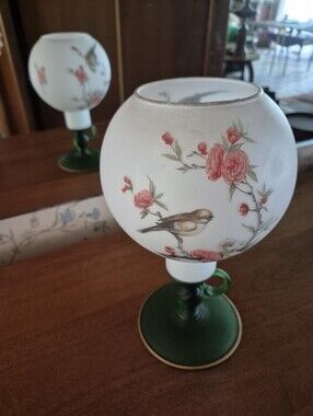Floral Bird Glass Hurricane Votif Lamp with Green Base